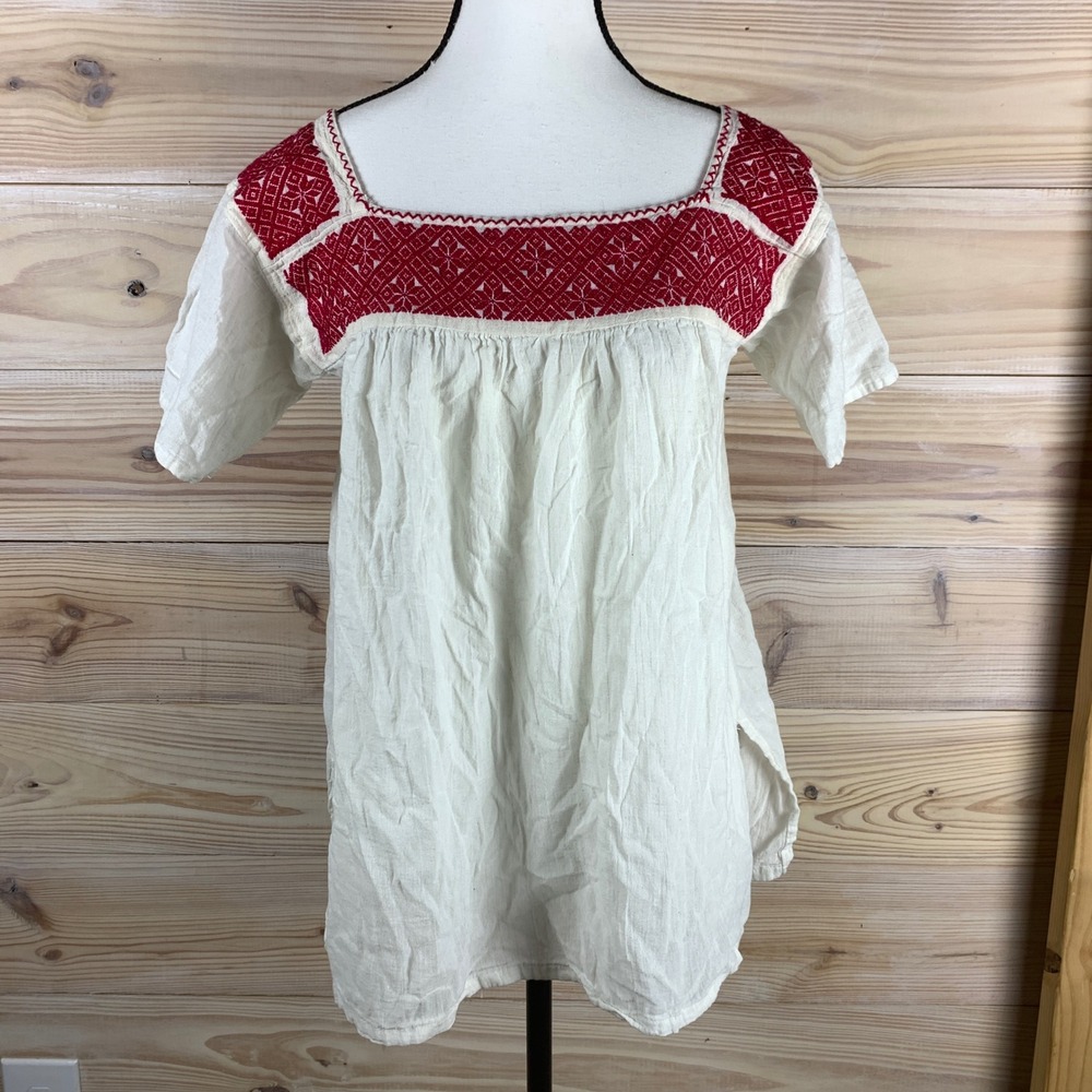 Handmade Mexican Peasant Blouse Women OS White Red Embroidery Vintage Huipil Top